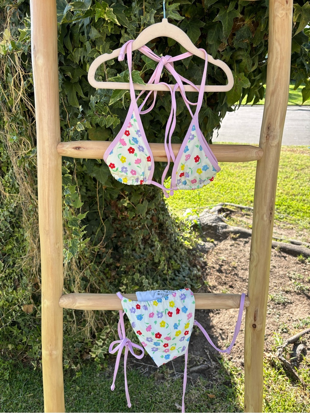 Frankie's Bikinis White Floral Triangle Bikini with Pink Trim